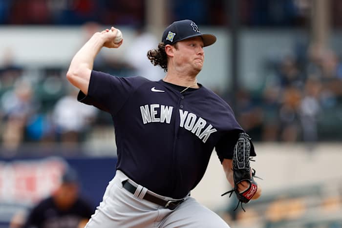 New York Yankees SP Gerrit Cole pitching in spring training game